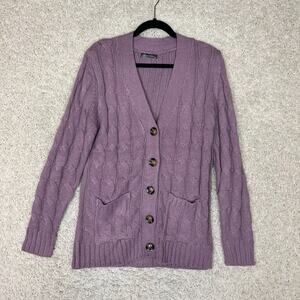 Pretty Garden Cardigan Sweater Womens Medium Purple Button Long Line Cable Knit